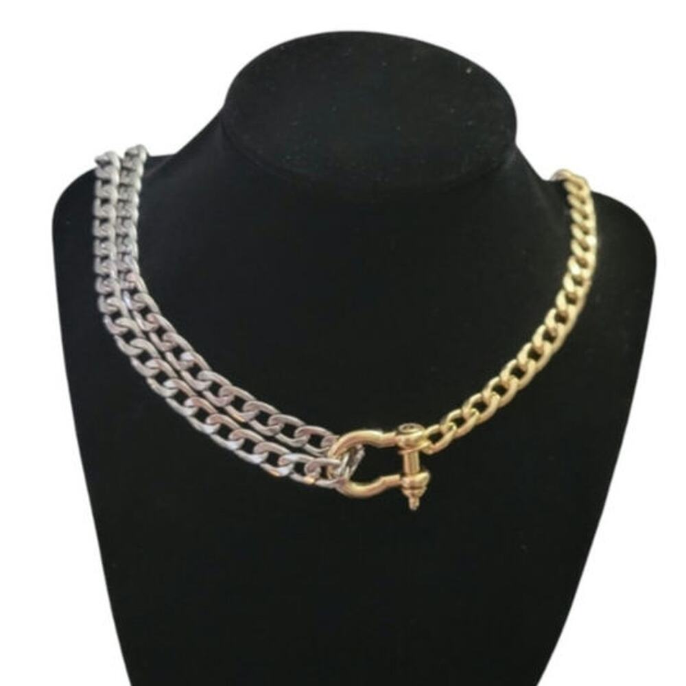 2 tone silver & gold asymmetrical layered cuban chain shackle necklace